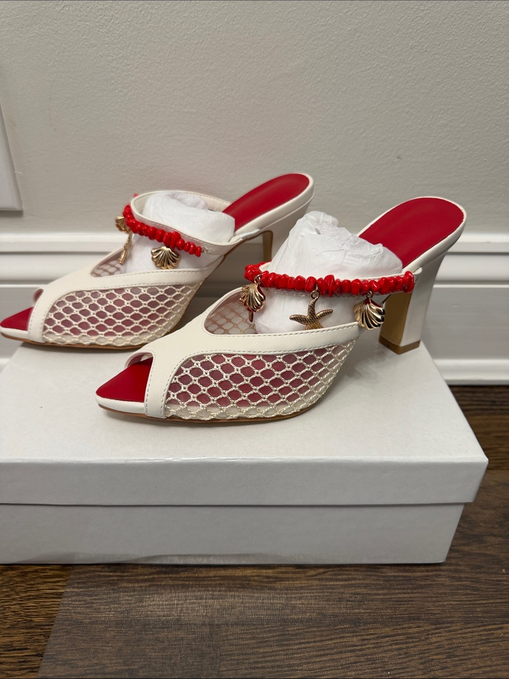 White Mesh Slip-On Mules with Red Insole and Gold Shell Charms
